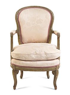 A Louis XV Style Giltwood Fauteuil Height 35 7/8 inches.