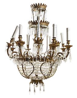 A Louis XVI Style Gilt Metal and Leaded Glass Eight-Light Chandelier Height 43 1/4 x diameter 25 inches.