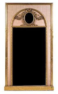 * A Louis XVI Style Giltwood Trumeau Mirror Height 82 x width 45 1/2 inches.