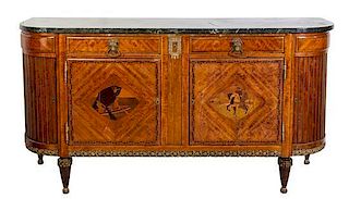 A Louis XVI Style Marquetry Sideboard Height 41 1/2 x width 80 x depth 23 1/2 inches.