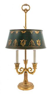 An Empire Style Gilt Bronze Three-Light Bouillotte Lamp Height 26 1/2 inches.