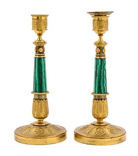 A Pair of Empire Style Malachite and Gilt Bronze Candlesticks Height 10 5/8 inches.