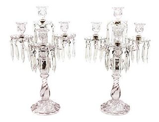 A Pair of Cut Glass Four-Light Candelabra Height 19 1/2 inches.