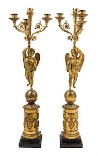 * A Pair of Continental Gilt Bronze Figural Candelabra Height 28 1/2 inches.