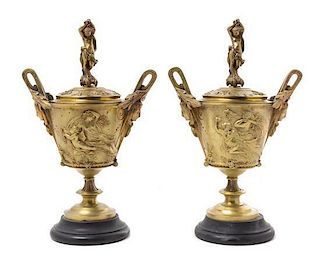 A Pair of French Bronze Covered Urns Height 11 inches.