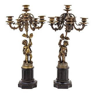 * A Pair of Continental Gilt Bronze Figural Candelabra Height 22 inches.