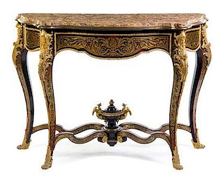 A Napoleon III Gilt Bronze Mounted Boulle Marquetry Console Table Height 37 1/2 x width 51 1/2 x depth 19 1/2 inches.