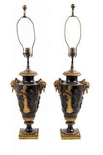A Pair of French Gilt and Patinated Bronze Vases Height 18 inches.