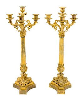 * A Pair of Neoclassical Gilt Bronze Four-Light Candelabra Height 21 1/2 inches.