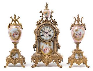 * A Sevres Style Porcelain Mounted Gilt Bronze Clock Garniture Height of clock 14 inches.