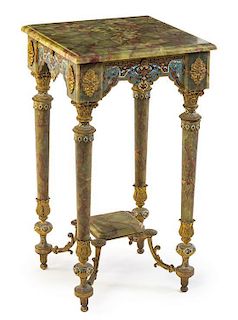 * A Continental Onyx, Gilt Bronze and Champleve Pedestal Table Height 32 x width 17 1/2 x depth 17 1/2 inches.