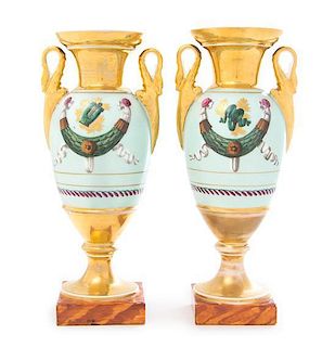 * A Pair of Paris Porcelain Twin-Handled Vases Height 10 inches.