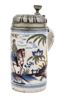 A Delft Pewter Mounted Polychrome Tankard Height 10 inches.