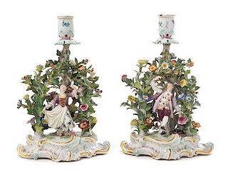 * A Pair of Meissen Bocage Porcelain Figural Candlesticks Height 9 inches.