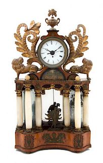 * An Austrian Alabaster, Giltwood and Burlwood Mantel Clock Height 28 1/2 inches.
