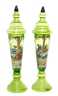 * A Pair of Continental Enameled Glass Pokals Height 17 7/8 inches.