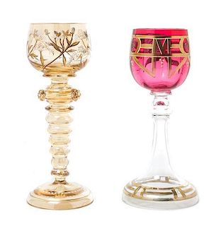 * Two Enameled Glass Goblets Height of tallest 7 1/2 inches.