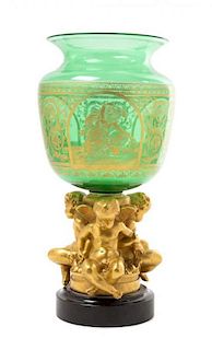 A Continental Etched and Enameled Glass Gilt Bronze Mounted Vase Height 12 1/4 inches.