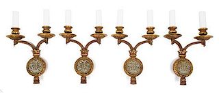 A Set of Four Neoclassical Jade Mounted Bronze Two-Light Sconces Height 15 1/2 inches.