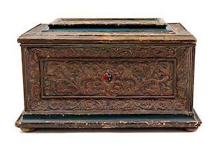 * An Italian Carved and Polychrome Decorated Coffer Height 15 x width 25 x depth 16 inches.