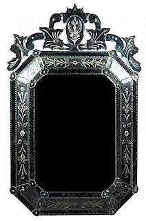 A Venetian Etched Glass Over-Mantel Mirror Height 63 inches.