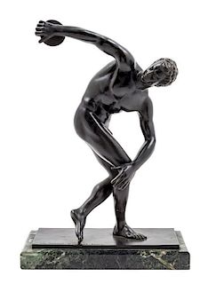 * A German Bronze Figure of a Discus Thrower Height overall 14 1/2 inches.