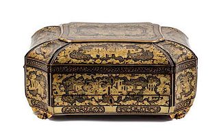 A Chinese Gilt and Black Lacquered Sewing Box Height 6 3/4 x width 14 x depth 10 1/2 inches.