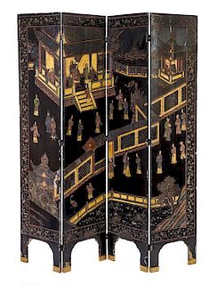 A Chinese Export Lacquered Four-Panel Floor Screen Height 72 1/4 x width of each panel 15 3/4