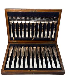 Set Of 24 English Mother Of Pearl Handled Knives & Forks, Hallmarked & Boxed