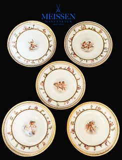 A Set Of Five 19th Century German Meissen Hand Painted Plates, Hallmarked