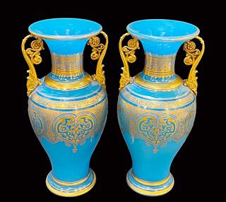 A Pair Of Museum Quality 19th C. Baccarat Blue Opaline Bronze Vases