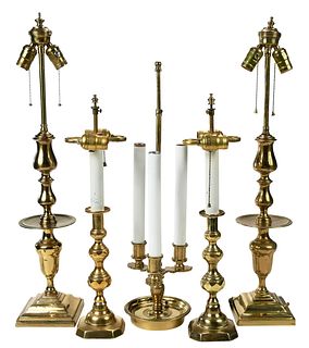 Group of Five Brass Table Lamps