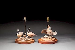 Two Carved Bird Lamps by R. Hall