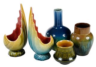 Five Aesthetic Movement Pottery Vases, one Dresser