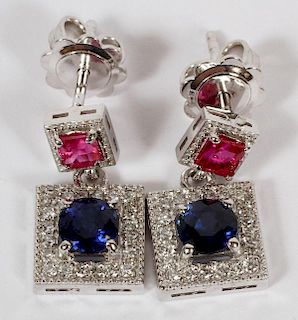 14KT GOLD SAPPHIRE RUBY AND DIAMOND DANGLE EARRINGS