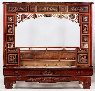 CHINESE LACQUERED CARVED WOOD OPIUM BED