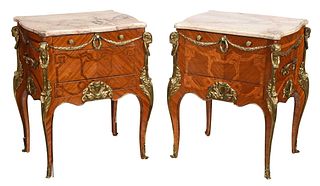 Pair Louis XV Style Inlaid Marble Top Bedside Commodes