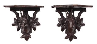 Pair of Black Forest Carved Horned Sheep Wall Brackets