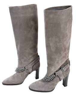 Pair of Hermes Gray Suede Tall Boots with Chain