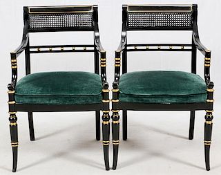 HICKORY WOOD BLACK LACQUER AND CANE SIDE CHAIRS