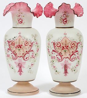 HAND BLOWN & PAINTED OPALINE GLASS VASES PAIR
