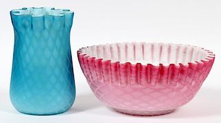 MOTHER-OF-PEARL SATIN GLASS VASE & BOWL C. 1870