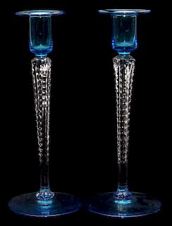 STEUBEN CELESTE BLUE GLASS CANDLESTICKS C. 1920