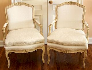 LOUIS XV STYLE DECORATED WOOD ARMCHAIRS PAIR