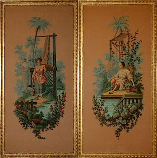 FRENCH STYLE HAND-PAINTED SILK CHINOISERIE PANELS