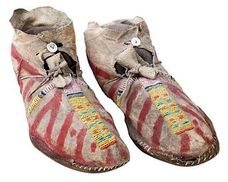 Plains Beaded Painted Hide Moccasins