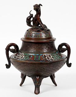 CHINESE BRONZE & CHAMPLEVE COVERED INCENSE BURNER