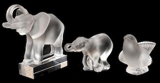 LALIQUE FROSTED GLASS ELEPHANT & BIRD FIGURES THREE