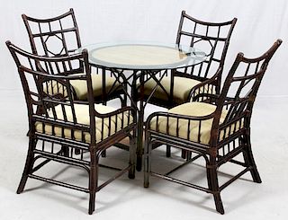 BLACK RATTAN ARMCHAIRS & GLASS TOP TABLE