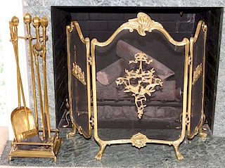FRENCH STYLE BRASS FIRE SCREEN & TOOLS